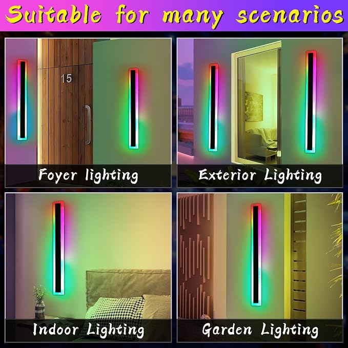 47inch Modern Wall Lights Outdoor, 10 Colour Variations Dimmable Long Wall Sconce, IP65 Waterproof 3000K-6000K Simple Acrylic Exterior Wall Lighting Fixtures for House Garage Front Patio