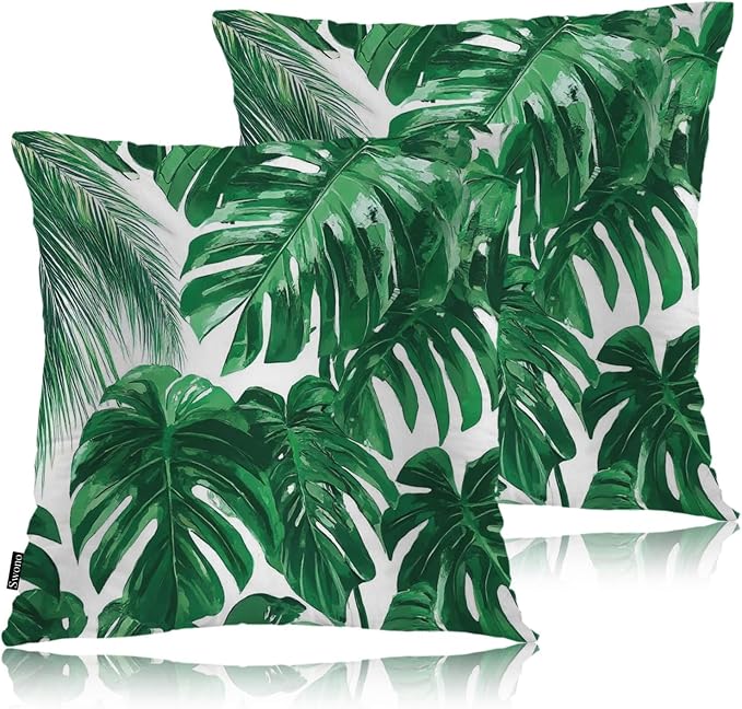 Swono Outdoor Pillow Covers Palm Leaves, Tropical Palm Leaf Home Decorative Throw Pillow Case Cushion Cover for Men/Woman/Bed/Sofa/Office/Car, 18x18 Inch, 2Pcs Pillow Covers, Green Palm