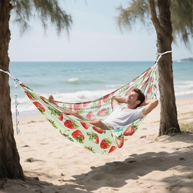 Camping Hammock Outdoor Hammocks for Outside Strawberries Light Green Beach Trees Portable Lightweight with Pockets Tree Straps Indoor Small