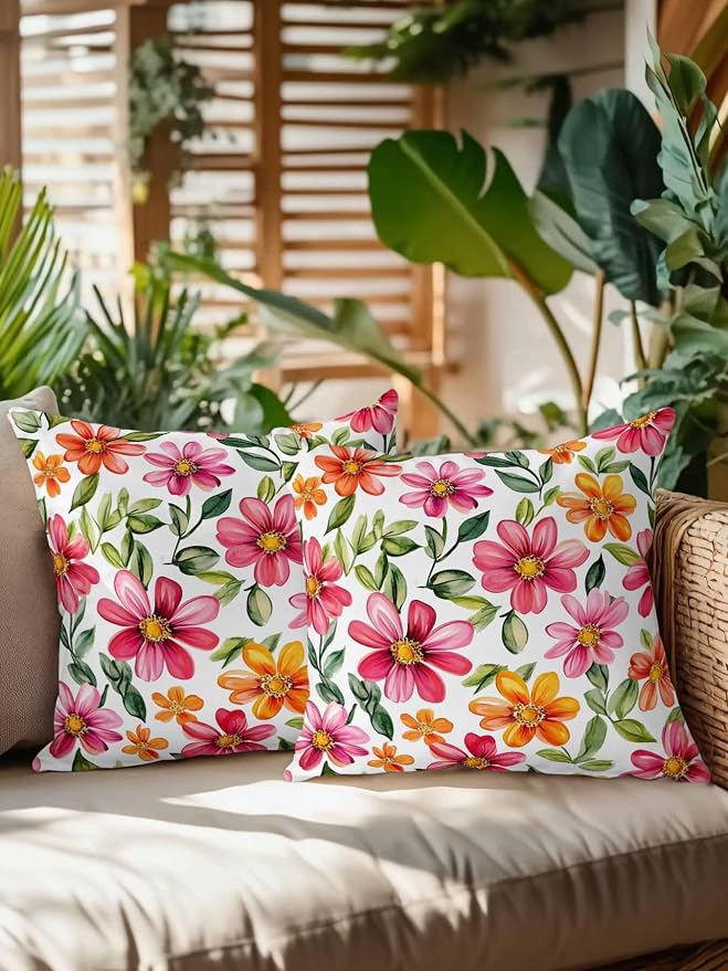 Outdoor Waterproof Throw Pillows Spring Watercolor Wild Flower Patio Pillows Pack of 2,Decorative Pillow Covers with Insert,Pillow Cushion Case for Garden Couch Sofa Country Small Pink Flower