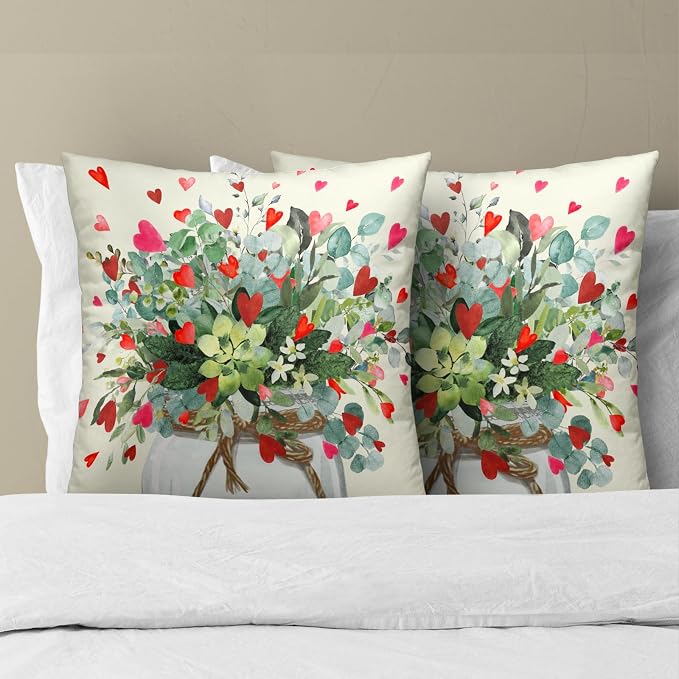 Valentine's Day Throw Pillow Covers 22x22 Inch Set of 2, Red Love Hearts Eucalyptus Leaves Jar Decorative Pillowcases Square Couch Cushion Cover for Wedding Anniversary Decor