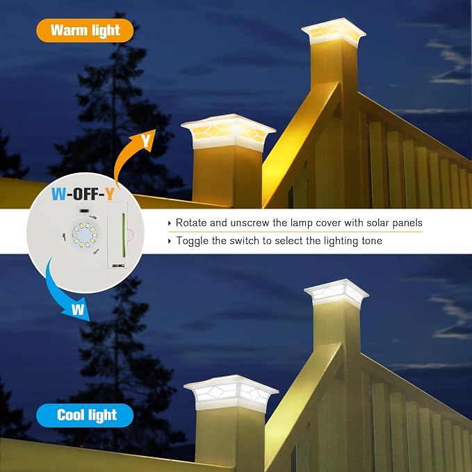 JOFIOS Solar Fence Post Lights 6pack, Cap Lights for 4x4/5x5 Vinyl Fence and 4x4/6x6 Wooden Post, Warm White/Cool White Lighting, White Solar Cap Outdoor Waterproof Decorate Garden Pathway Deck Patio