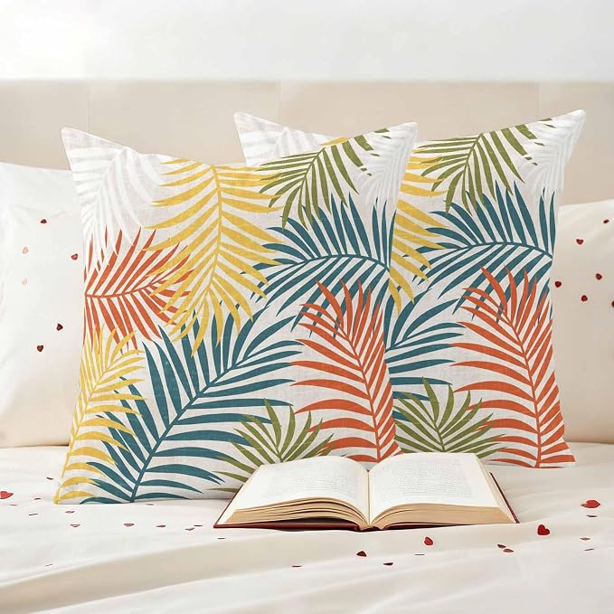 Outdoor Waterproof Throw Pillow Covers, Orange Green Yellow Palm Leaves Decorative Pillow Cases, Summer Botanical Tropical Leaf Couch Pillow Protector Patio Sofa Cushion Covers 26"x26" 2 Pack