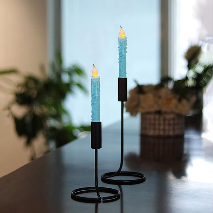 CVHOMEDECO. Real Wax Hand Dipped Battery Operated LED Timer Taper Candles Rustic Primitive Flameless Lights Decor, 6-3/4 Inch, Teal, 2 PCS in a Package