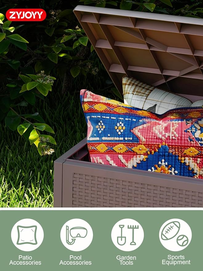 ZYJOYY 100 Gallon Waterproof Large Resin Deck Box, Indoor Outdoor Storage Box Lockabe, Outdoor Organization & Storage Deck Box with Lid for Patio Cushions, Garden Tools, UV Resistant