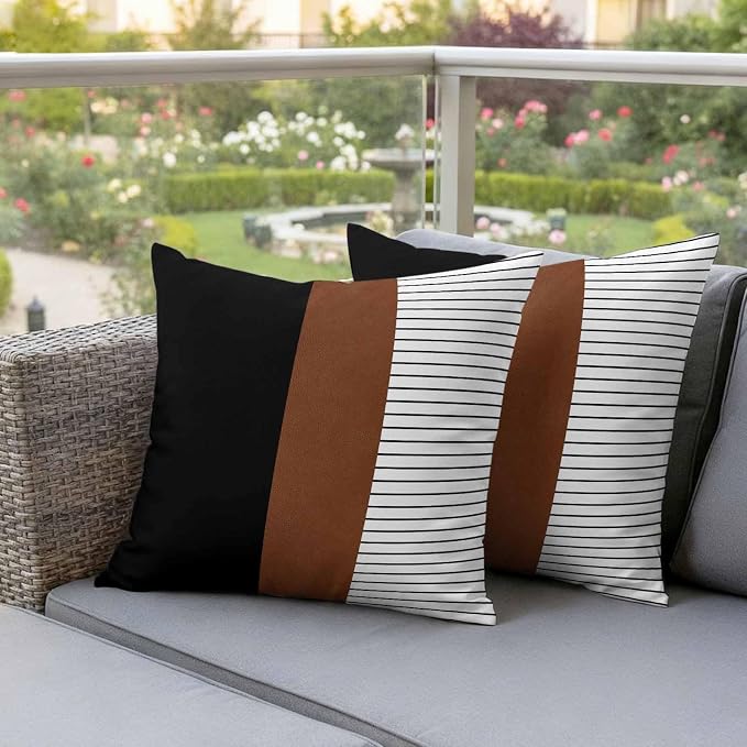 JasmineM Outdoor Pillow Cover 20x20 Inches Set of 2 Brown Black Lines Waterproof Throw Pillow Covers Boho Style Decorative Pillowcases Garden Cushion Case for Patio Couch Sofa