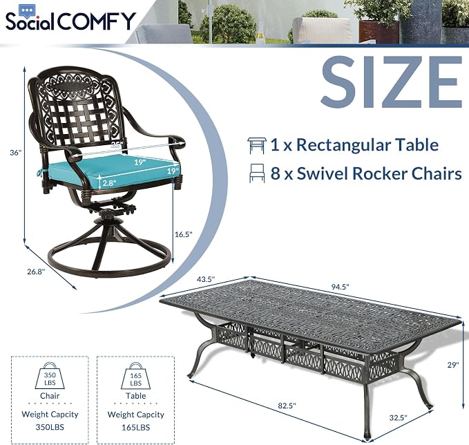 9-Piece Patio Cast Aluminum Dining Set, Outdoor Table and Chairs Set for 8, Includes 94.5" Rectangular Dining Table and 8 Swivel Rocker Chairs W/Umbrella Hole for Lawn Garden, Ocean Blue