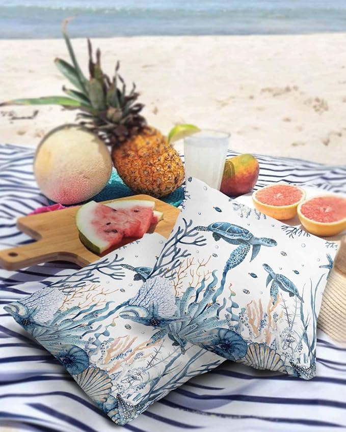 Outdoor Pillow Covers 24 x 24 in, Blue Sea Turtle Waterproof Throw Pillow Cover Set of 2, Ocean Beach Coral Nautical Coastal Shell Home Decorative Square Cushion Covers for Patio/Couch/Garden