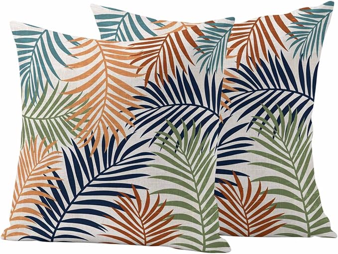 Red Green Navy Palm Leaves Outdoor Pillow Covers 26"x26" Set of 2, Summer Botanical Vintage Tropical Leaf Rustic Waterproof Throw Pillow Covers for Patio Furniture, Decorative Cushion Covers for Porch