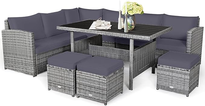 Tangkula 7 Pieces Patio Furniture Set, Outdoor Sectional Rattan Sofa Set with Cushions, All Weather Wicker Conversation Couch Set w/Dining Table & Ottomans for Backyard Garden Poolside (Grey)