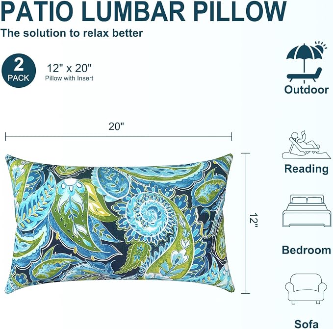 DYTXIII Pack of 2 Waterproof Outdoor Lumbar Pillow with Inserts, 12x20 in Rectangle Decorative Patio Throw Pillow for Home, Sofa,Bench and Patio Furniture, Paisley Lapis Green