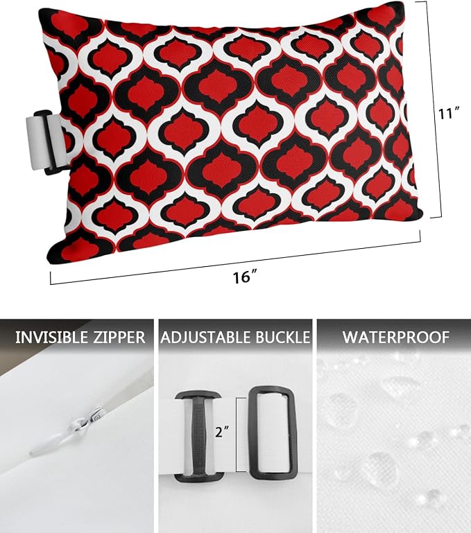 Outdoor Pillows Covers with Inserts Red and Black Moroccan Pattern Geometric Waterproof Recliner Pillow with Adjustable Strap Throw Pillows for Patio Furniture Pool Lounge Chair, 11x16 inch, 2PCS