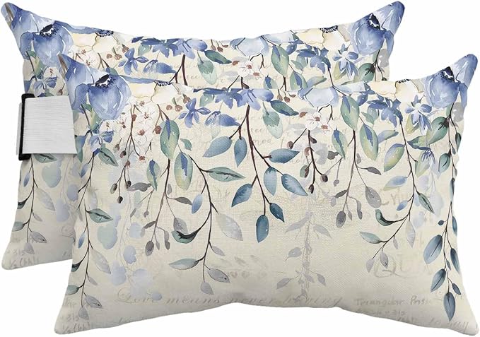 Blue Eucalyptus Leaves Outdoor Lumbar Pillows 11x16 Set of 2, Farmhouse Retro Botanical Floral Waterproof Throw Pillow Covers with Insert, Decorative Pillowcase Cushion for Couch Sofa Bed
