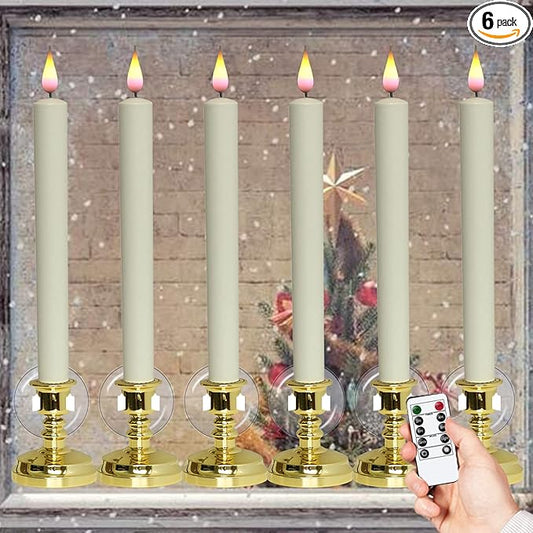 DRomance Christmas Flameless Window Taper Candles with 10-Key Remote and Timer, Battery Operated Real Flame Effect Realistic 3D Wick, 6 Pack Gold Holders and Suction Cups Included