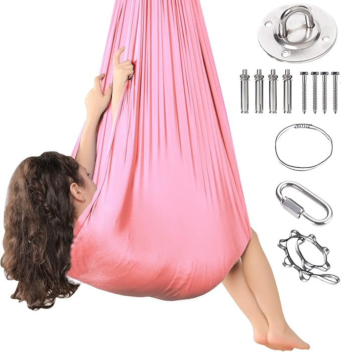 Kids Sensory Therapy Swing Hammock Children's Swing Hammock Indoor Elastic Cuddle Pod Swing for Autism Boys Girls with ADHD SPD Asperger's Sensory Integration Special Needs (Pink)