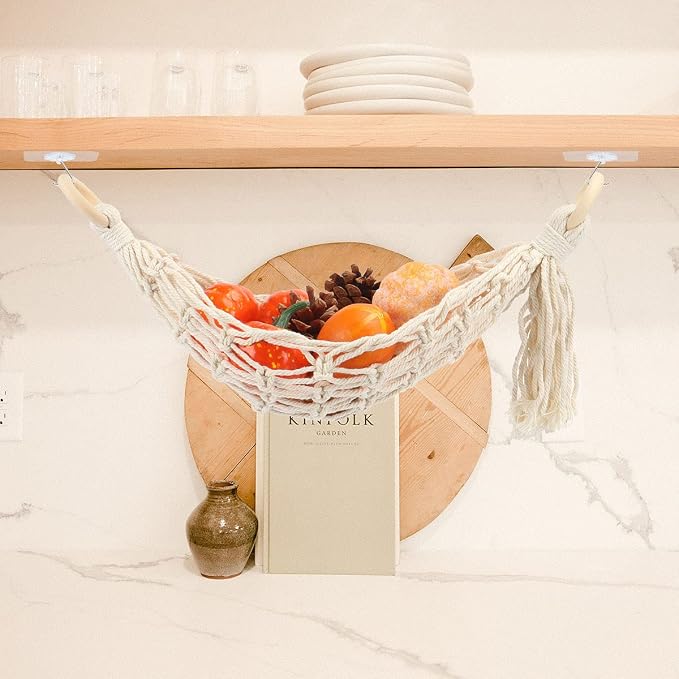 2 Pack Hanging Fruit Hammock Under Cabinet Hanging Basket Includes Hooks - Macrame Bohemian Hanging Banana Vegetable Hammocks Kitchen Storage Counter Space Saving Decoration at Home, Boat, Rv(Style A)