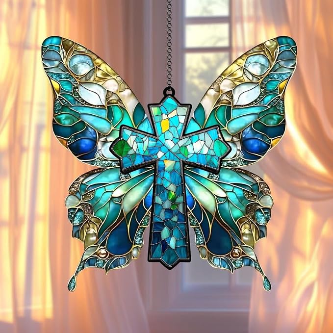 Jesus Cross Acrylic Suncatcher with Butterfly Wings, Boho Suncatchers for Window Hanging Ornament, Art Garden Decor for Lover, Gifts for Mother's Day, Mom, Grandma, Wife, Women, Nana