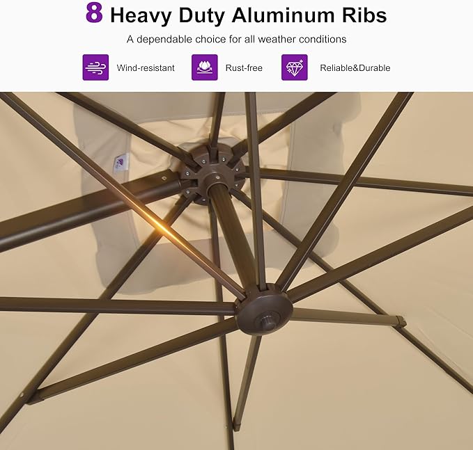 PURPLE LEAF 8' X 8' Cantilever Patio Umbrella with Base Included Antique Bronze Square Umbrella with 360° Rotation and Aluminum Offset Hanging Outdoor Umbrella for Pool Garden Backyard Deck, Beige