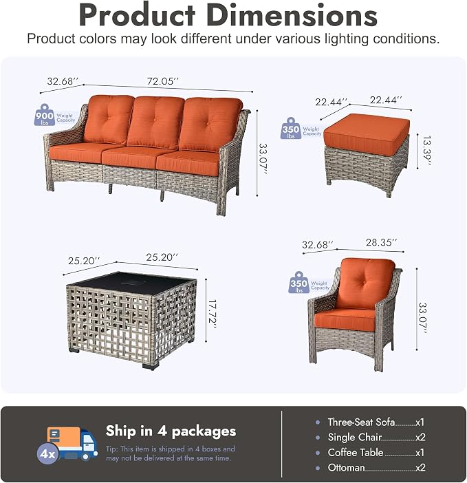 6 PCS Patio Furniture Set, Deep Seat High Back Outdoor Conversation Set with Ottomans, Wicker Outside Furniture with Solar Light Coffee Table for Porch Backyard Balcony, Sunroom, Orange