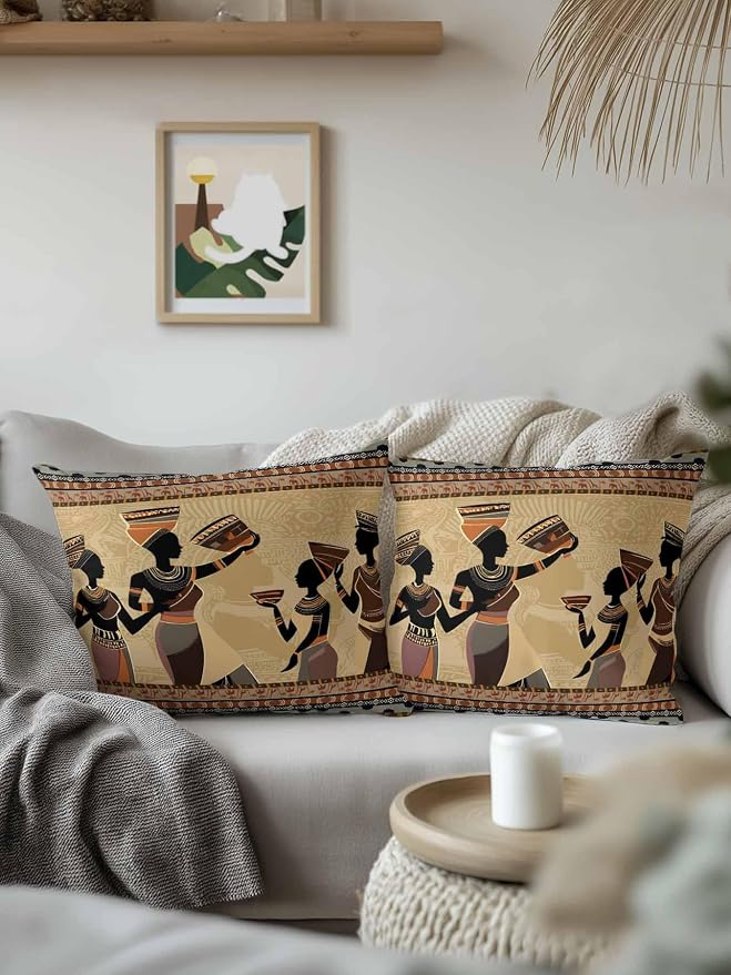 Outdoor Waterproof Throw Pillows 18x18in, African Black Woman Ethnic Stripes Patio Pillows Pack of 2,Decorative Pillow Covers with Insert,Pillow Cushion Case for Garden Couch Sofa Traditional Style
