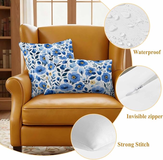 Blue Flowers Outdoor Waterproof Throw Pillow Covers Set of 2, 18"x18", Summer Watercolor Retro Floral Decorative Pillow Covers Outside Cushion Case for Patio Porch Garden