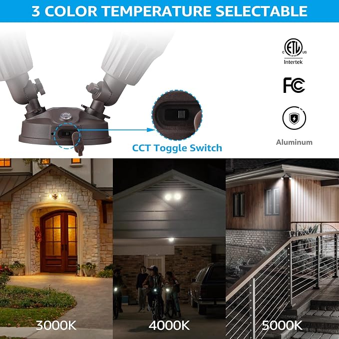LEONLITE 3CCT Dusk to Dawn LED Security Lights with Photocell, Bronze | Adjustable Dual-Head Flood Light Outdoor, 3000K/4000K/5000K Selectable, 25W(200W Equiv.), Wet Location, Aluminum, ETL Listed