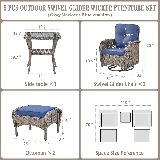 Belord 5 Piece Swivel Rocker Glider Outdoor Chairs Set of 2 with Ottoman and Glass Side Table Patio Bistro Furniture Set, Comfort High Back Wicker Patio Conversation Set for Deck Porch Sunroom