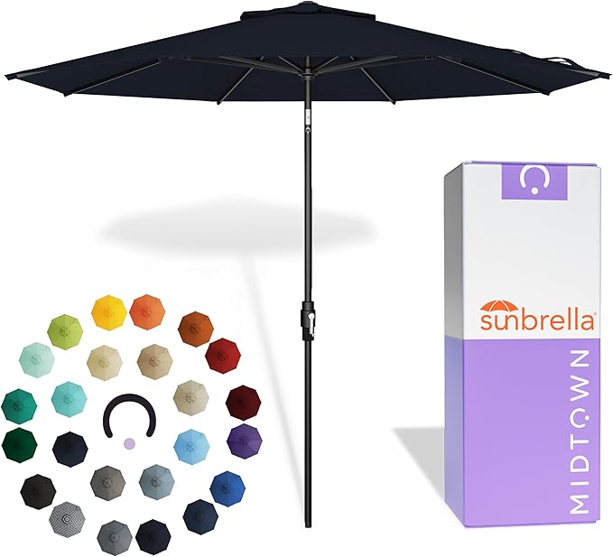 Midtown Umbrellas – The Swilt 10 Ft Patio Umbrella with 360° Swivel & Tilt Mechanism, Sunbrella Fabric & 8 Fiberglass Ribs – Outdoor Umbrella for Deck, Pool & Cafes – Canvas Navy Canopy, Black Pole