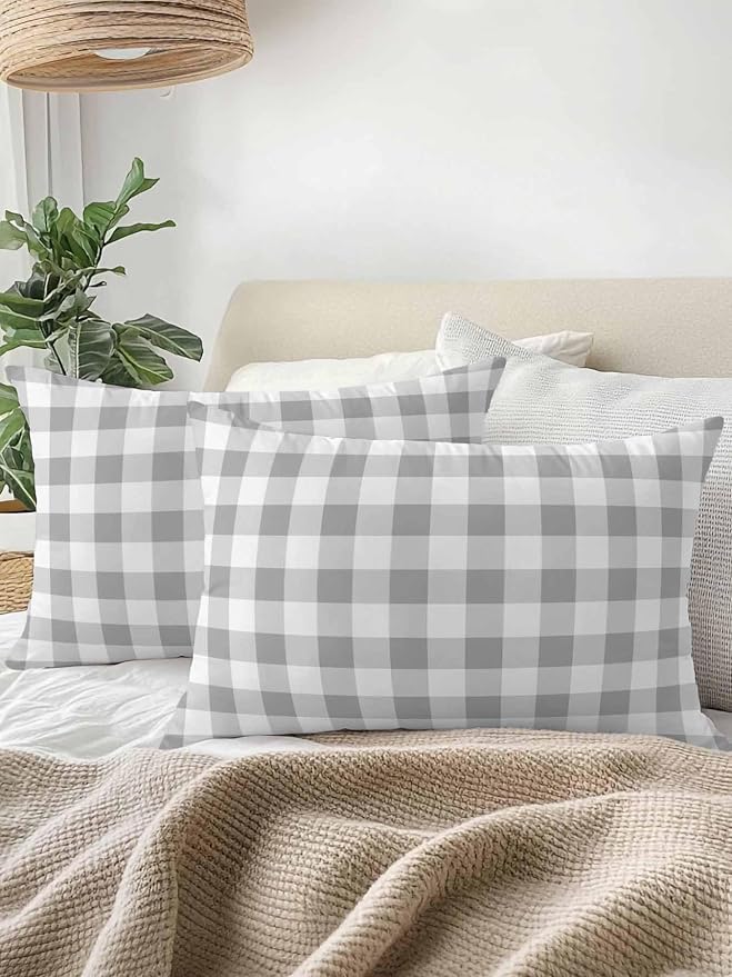 Waterproof Outdoor Pillow Set of 2 Grey Buffalo Plaid Decorative Throw Pillows Cover & Insert 20x12 Inch Lumbar Pillowcase Check Lines Pillows for Couch Sofa Bed Patio Furniture Indoor Outdoor