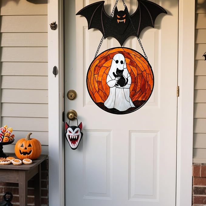 Stained Glass Window Hanging - Halloween Cute White Ghost Black Cat Suncatcher for Doors Garden Home Spooky Orange Sun Catchers Gothic Decor Horror Gift for Women Men Friend Boy Girl 15 in