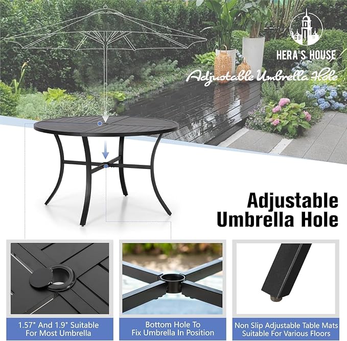 HERA'S HOUSE 5pc Patio Dining Set, 42" Round Table & 4 Rattan Chairs | Metal table with umbrella hole, cushioned chairs. Waterproof, rust-resistant, all-weather for backyard, porch.
