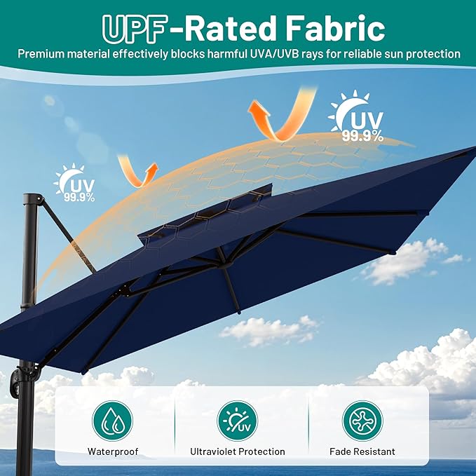 AreShark 11×11FT Double-Top Cantilever Patio Umbrella, Square Offset Umbrella with 360 Degree Rotation, Heavy Duty Patio Umbrella for Garden Deck Pool, 5 Tilt Angles, Navy