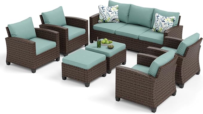 MIXPATIO Patio Furniture Set, 7 Pcs Wicker Rattan Outdoor Conversation Set, 4 x Leg Chairs, 1 x 3 Seater Sofa and 2 x Ottoman with 4" Thick Cushion for Garden Backyard Deck, Blue