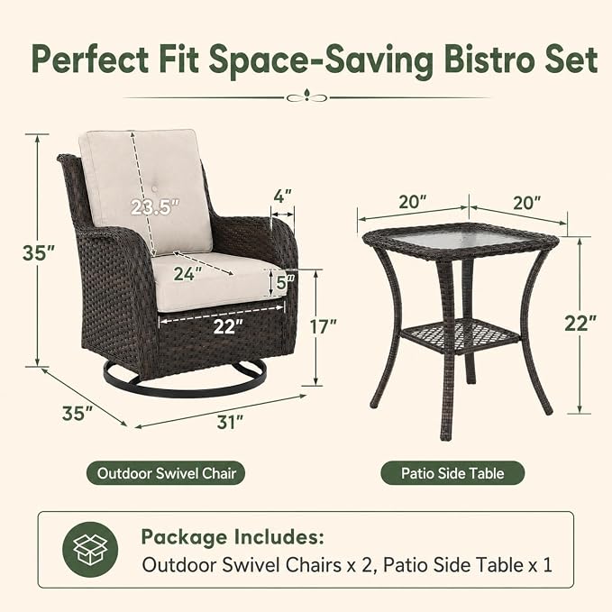 HUMMUH 3-Piece Swivel Rocking Rattan Chair Outdoor, Patio Bistro Furniture Conversation Set, Cushioned Wicker Chair with Glass Coffee Table (Brown, Beige)