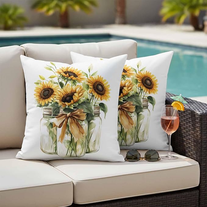 Sunflower Outdoor Waterproof Throw Pillow Covers Set of 2, 18"x18", Summer Watercolor Flower Bottle Retro Farm Decorative Pillow Covers Outside Cushion Case for Patio Porch Garden