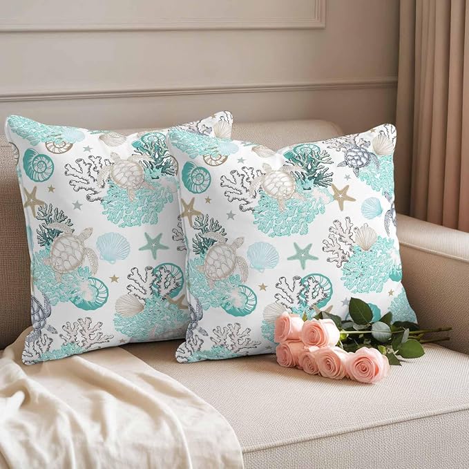 Summer Coastal Outdoor Pillow Covers Set of 2, Ocean Sea Turtle Seaweed Decorative Waterproof Throw Pillowcase Teal Grey Abstract Art Cotton Linen Soft Cozy Cushion Cover Pillowsham 20x20In