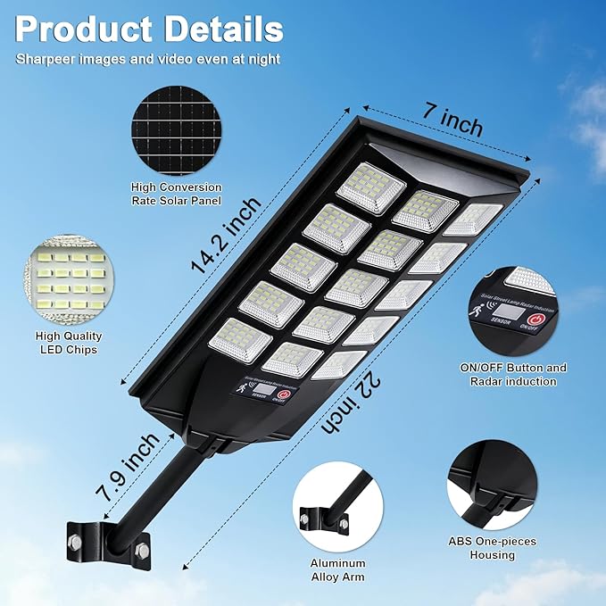 Jercoda Solar Lights Outdoor Waterproof, 50000LM 6500K Dusk to Dawn Solar Powered Street Light Motion Sensor with Remote, LED Security Flood Light for Outside Garden Yard Parking Lot Pathway, 1PACK