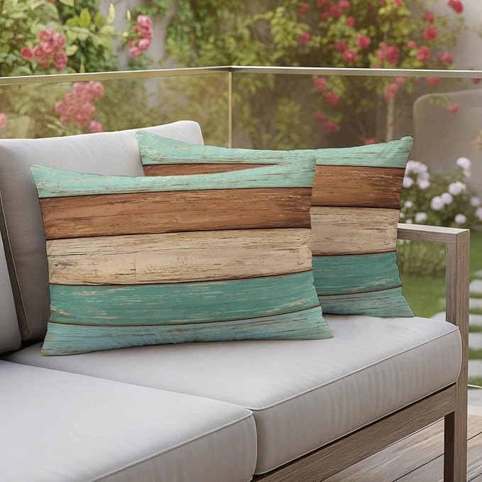 Farmhouse Teal Blue Brown Outdoor Waterproof Pillow Covers, Vintage Wooden Striped Decorative Rectangle Throw Pillowcase Sofa Cushion Sham for Patio/Couch/Chair, 20"x12" 2 Pack