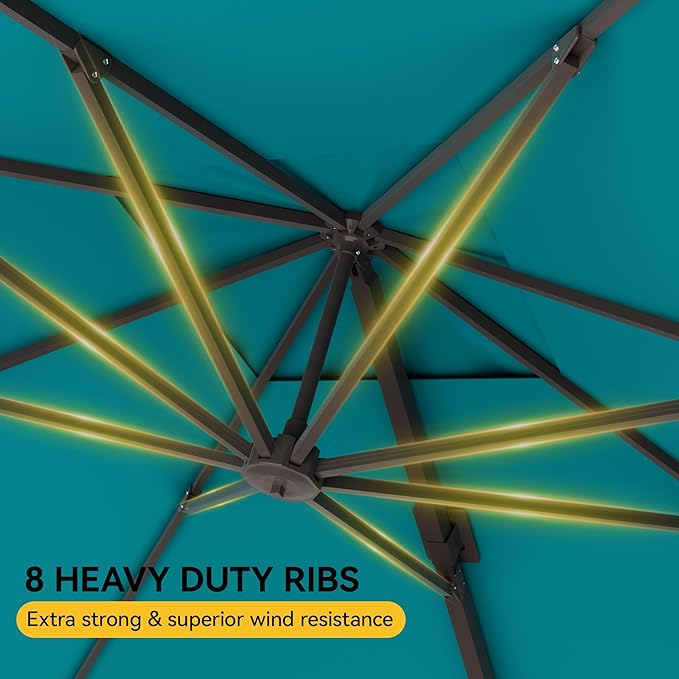 10x10FT Cantilever Outdoor Umbrella, 360° Rotating Large Offset Square Patio Umbrella, Ideal for Garden Backyard Deck Courtyard, Turquoise