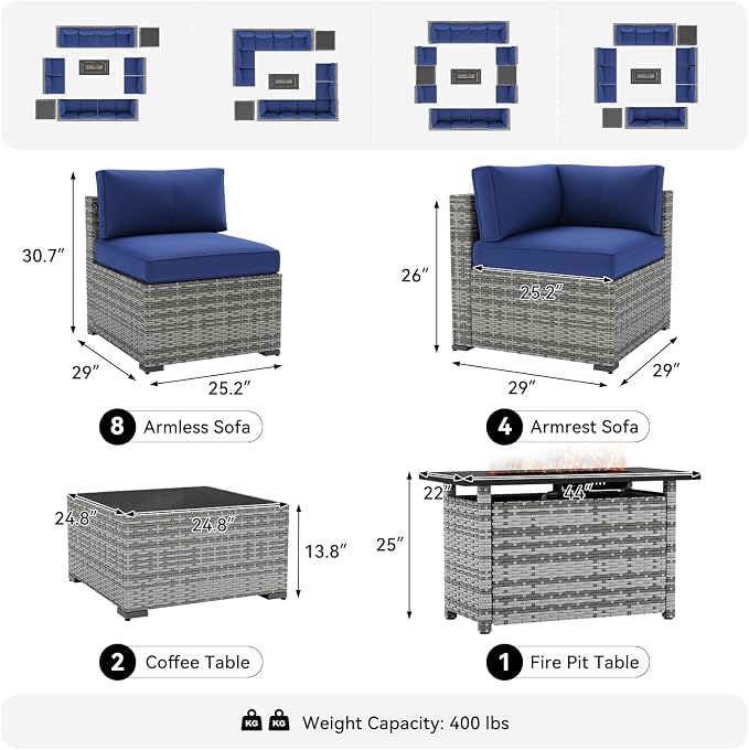 LazySunsets 15-Piece Patio Furniture Set with 44" Fire Pit Table, Wicker Outdoor Furniture, Patio Conversation Sets with Coffee Table, Outdoor Sectional Couch, Blue
