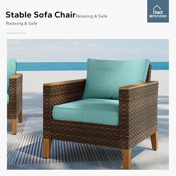 MFSTUDIO 9 Seat Wicker Patio Furniture Set, All-Weather Extra Large Rattan Patio Conversation Set, 4 x Armrest Chair, 3-Seat Sofa, 2 x Ottoman, Outdoor Sectional Sofa for Backyard(Aqua Blue Cushions)