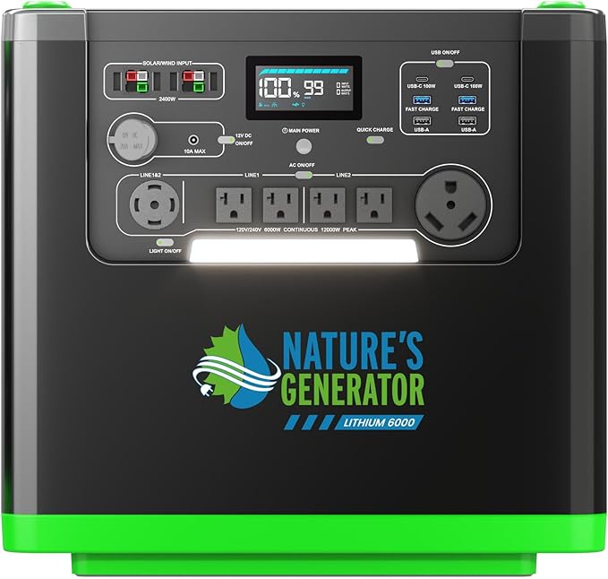 Natures Generator 3840Wh Solar Generator+ 30A Automatic Transfer Switch, Lithium Batteries, 6000W Power Station for Home Backup, RVs, Emergencies, Power Outages, and Outdoor Camping