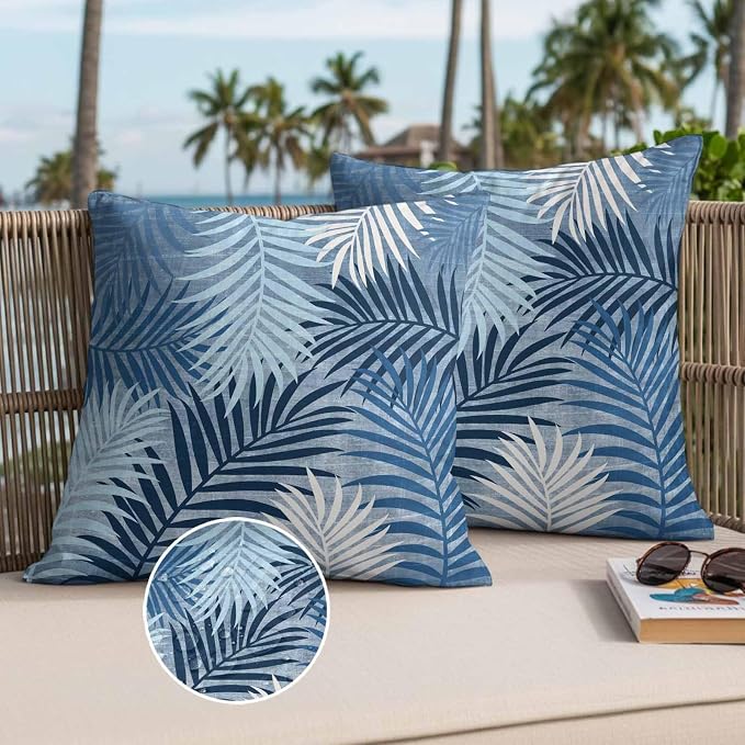 Blue Palm Leaves Waterproof Outdoor Pillow Covers Set of 2 Home Decor, Summer Tropical Leaf Plant Pillowcase Patio Pillow Covers for Couch Bench Patio Furniture Garden 18x18in
