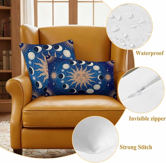 Celestial Sun and Moon Waterproof Outdoor Pillow Covers Set of 2 Home Decor, Blue Starry Galaxy Boho Pillowcase Patio Pillow Covers for Couch Bench Patio Furniture Garden 18x18in