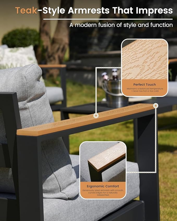 Aluminum Patio Furniture Set, 5 Piece Metal Outdoor Furniture Set with 6″ Thick Washable Cushions & Coffee Table, All Weather Patio Conversation Sets for Yard, Poolside, Garden (Grey)