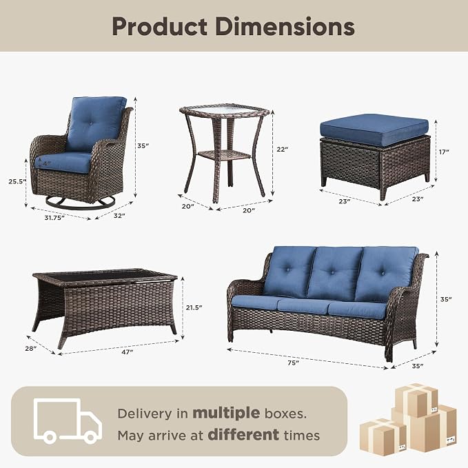 Belord 13 Piece Wicker Patio Furniture Set, Outdoor Swivel Rocker Chairs Set of 4 with Ottomans and Rattan Couch, All Weather Patio Conversation Furniture Set, for Pool,Yard Brown Wicker/Blue