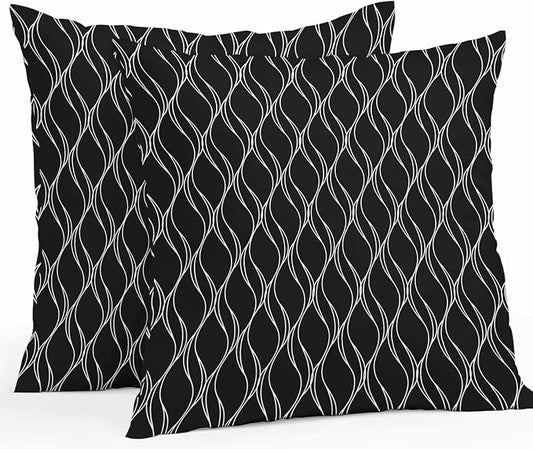 Outdoor Pillow Covers Waterproof, Black Gold Wave Abstract Art Foil Print Pattern All Weather Cushion Case Set of 2, White Thin Line Decorative Pillowcases for Sofa Bed Decor Patio Furniture 18"x18"