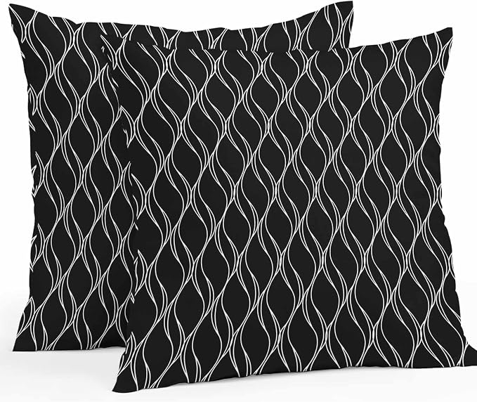 Outdoor Pillow Covers Waterproof, Black Gold Wave Abstract Art Foil Print Pattern All Weather Cushion Case Set of 2, White Thin Line Decorative Pillowcases for Sofa Bed Decor Patio Furniture 24"x24"