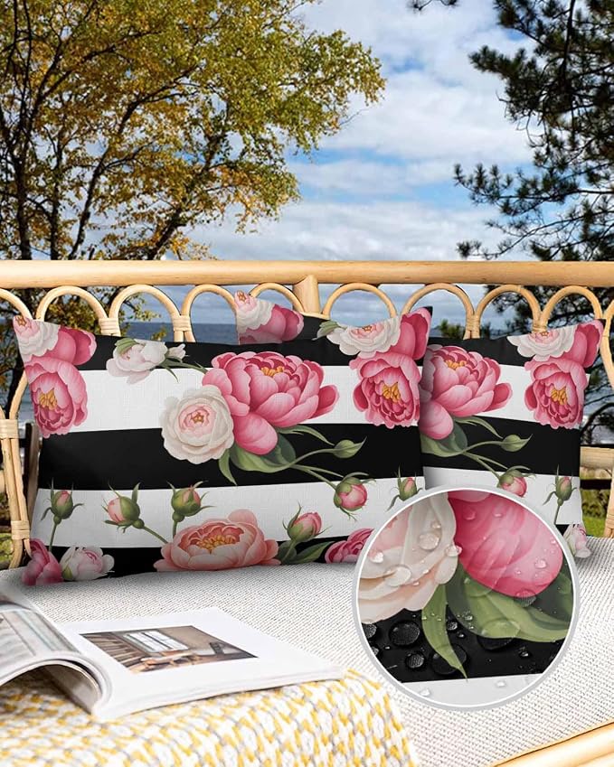 Outdoor Waterproof Throw Pillow Covers Set of 2 Pink Peony Rose Lumbar Pillowcases 20x12 Inches Floral Black Stripes Decorative Pillows Cushion Case Patio Pillows for Couch Bed Chair Garden