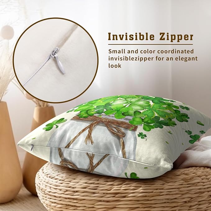St Patricks Day Pillow Covers 16x16, 2Pcs Set Green Shamrocks Mason Jar Holiday Decorative Pillow Cases Soft Cotton Square Cushion Cover for Bed Sofa Farmhouse Spring Home Decor